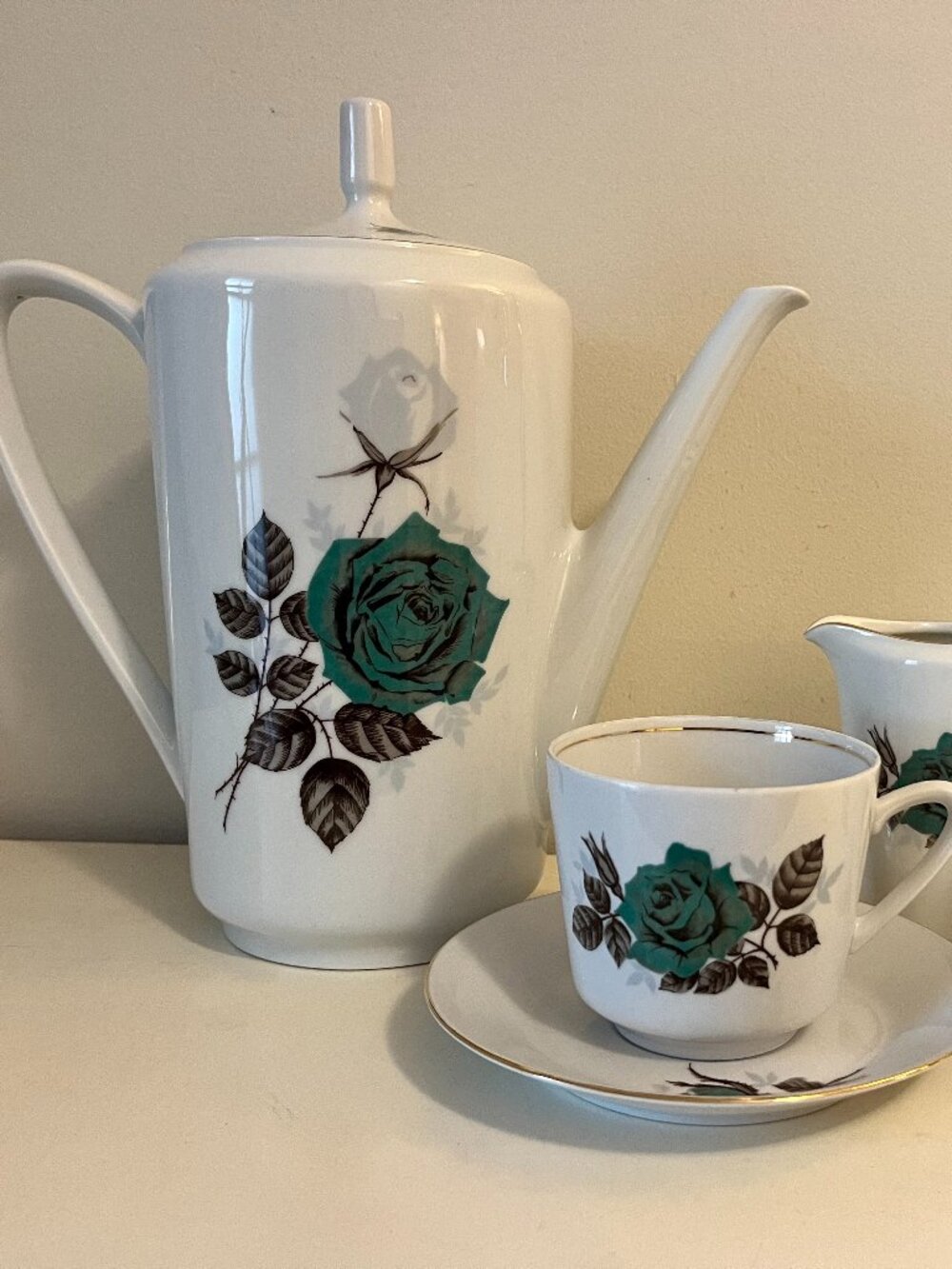 MCM Ba Aria Teapot Set Made in Germany Porcelain with Teal and White Roses 4